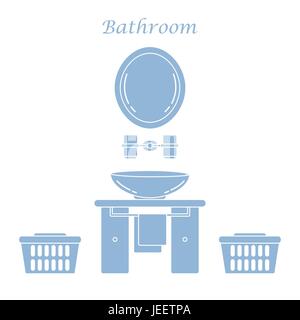 Niedliche Vektor-Illustration mit verschiedenen Bad-Elemente: Spiegel, Gläser, Waschbecken, Handtücher, Handtuchhalter, Wäschekörbe stehen. Design für poster Stock Vektor