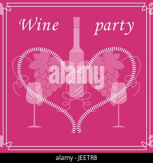 Niedliche Vektor-Illustration der Flasche Wein, Gläser, Trauben und Herz im Rahmen. Weinhandel. Shop, Bar, Restaurant, Weinkeller, Weinproben, Liste oder ev Stock Vektor