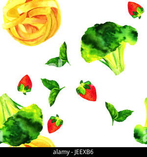 Ein nahtloses Muster von Aquarell Vegan essen unter dem Motto Zeichnungen. Blätter der Minze, Erdbeere, Brokkoli sprießen und Pappardelle Nudeln Nest, Hand bemalt Stockfoto