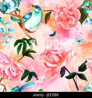 Nahtloses Muster mit Aquarell Zeichnungen von lebendigen Teal blue Vögel, blühender Rosen, Kamelien, und Pfingstrosen und Schmetterlinge, Hand bemalt auf einem rosa Stockfoto