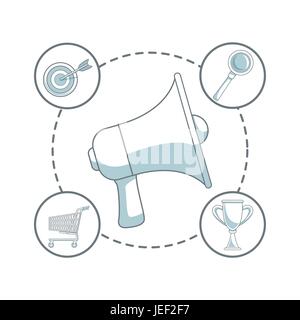 weißen Hintergrund mit Farbe Abschnitte Closeup Megaphon in Mitte mit digitalen marketing rund um Ikonen Stock Vektor