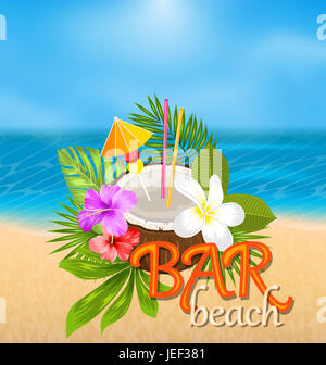 Abbildung Kokosnuss Cocktail im Sommer mit Beilage und Stroh, Strandbar Poster mit exotischen Blumen und Blätter- Stockfoto