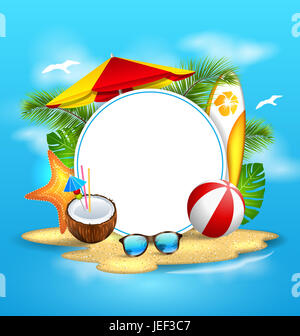Abbildung Sommer Hintergrund mit Meer, Insel, Strand, Sonnenschirm, Kokos-Cocktail, Sonnenbrille- Stockfoto