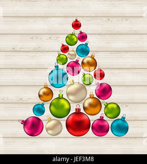 Abbildung Weihnachtsbaum aus bunten Kugeln auf hölzernen Hintergrund- Stockfoto