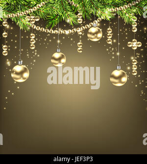Abbildung schimmernden Hintergrund mit Tannenzweigen und goldene Christbaumkugeln- Stockfoto