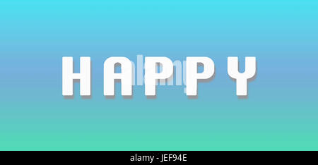 Farbenfrohes „Happy“-Schild auf einem verlaufenen Hintergrund, das von hellblau zu hellgrün verblendet, Positivität und fröhliche Emotionen vermittelt Freude Stockfoto