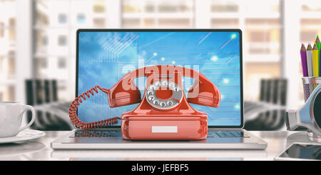 Alte rote Telefon und einen Laptop auf einem Schreibtisch. 3D illustration Stockfoto