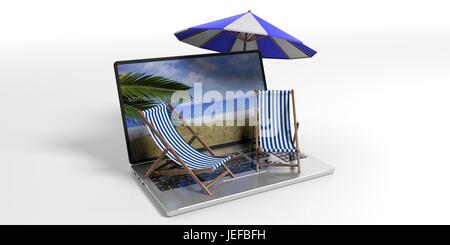 Sommer-Urlaub träumen. Liegestühle und Sonnenschirm auf einem Laptop - weißen Hintergrund. 3D illustration Stockfoto