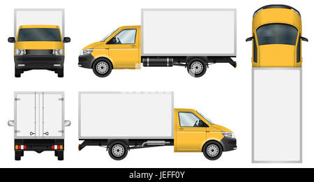 Gelbe Lieferung van Vorlage. Mini-Truck auf weißem Hintergrund isoliert. Stockfoto
