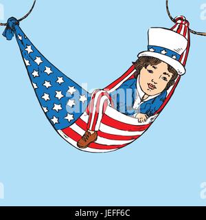 Porträt des kleinen Jungen im Uncle Sam Kostüm ruht in Hängematte der amerikanischen Flagge, gezeichnet von Hand-Vektor-Illustration in Pop-Art-Doodle-Comics-Stil Stock Vektor