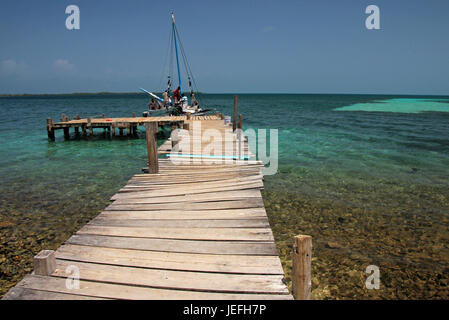 Holzsteg am tropischen Strand mit türkisfarbenem Wasser, Tobacco Caye, Belize Stockfoto