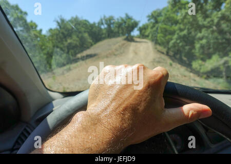 Nass von Schweiß Hand am Lenkrad, Auto, Nahaufnahme, trockenen mediterranen Wald. Spanien. Stockfoto