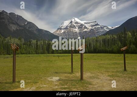 Schilder Auf Dem Mountain Peak, Skyline Des Mount Robson Visitor Center. Green Meadow Landscape Berg Lake Wanderweg Rocky Mountains British Columbia Kanada Stockfoto