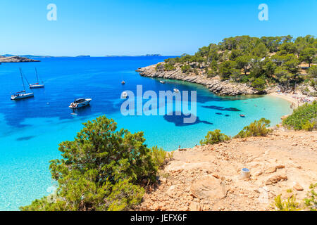 Blick auf den schönen Strand in Cala Salada Bucht berühmt für seine Azure kristallklares Meerwasser, Insel Ibiza, Spanien Stockfoto