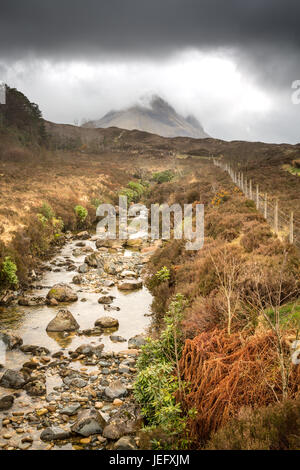 Blick auf die Cuillin Berge von Sligachan, Isle Of Skye, Schottland, UK, Europa. Stockfoto