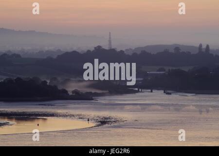 Der Blick über die Exe Mündung bei Ebbe in Richtung Fluss Zyste an einem Sommermorgen Misty. Devon, UK. Juni 2017. Stockfoto