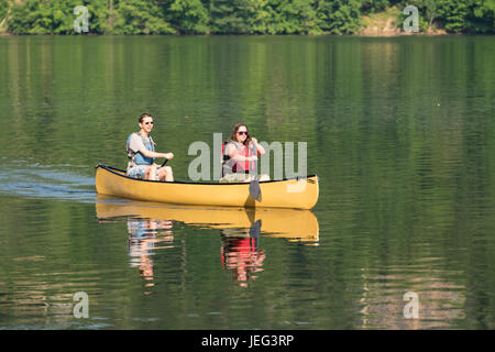 Paar-paddeln in gelben Kanu auf Baum gesäumten See Stockfoto