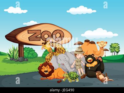 Zoo-Szene mit vielen wilden Tieren illustration Stock Vektor