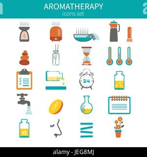 Aromatherapie-Design festlegen Vektor-Icons. Zubehör für die Verwendung von ätherischen Ölen Stock Vektor