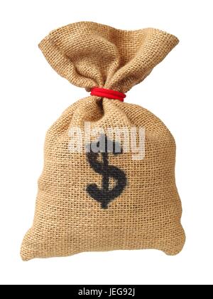 Tasche mit Dollar isoliert auf weißem Hintergrund Stockfoto