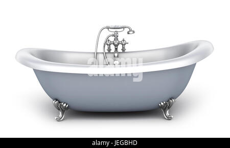 Badewanne und Wasserhahn auf weißem Hintergrund. 3D illustration Stockfoto