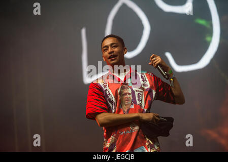 Glastonbury, Somerset, UK. 24. Juni 2017. Loyle Carner tritt auf der John Peel-Bühne beim Glastonbury Music Festival. Bildnachweis: Francesca Moore/Alamy Live-Nachrichten Stockfoto