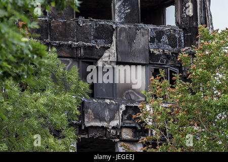 London, UK. 24. Juni 2017. Grenfell Turm im Westen von London nach einem Brand zerstörte alle Gebäude und hat Dutzende von Bewohnern das Leben gekostet. Bildnachweis: Dominika Zarzycka/Alamy Live-Nachrichten Stockfoto