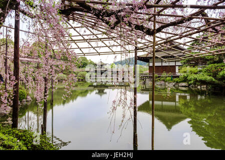 Japanischer Garten Heian Jingu, zeigt das Gasthaus und bedeckte Brücke. Stockfoto