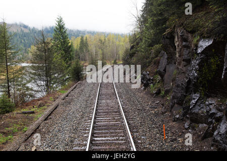 Anschlussbahn in bewaldeten Landschaft in British Columbia, Kanada. verfolgen ist Bestandteil der Canadian Pacific Railway die Kürzungen in ganz Kanada. Stockfoto