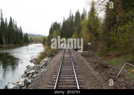 Anschlussbahn in bewaldeten Landschaft in British Columbia, Kanada. verfolgen ist Bestandteil der Canadian Pacific Railway die Kürzungen in ganz Kanada. Stockfoto