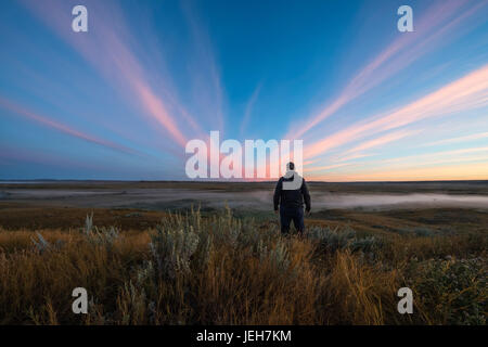 Ein Mann steht beobachten den Sonnenaufgang über der Frenchman River Valley im Grasslands National Park Farbe zu beobachten; Saskatchewan, Kanada Stockfoto