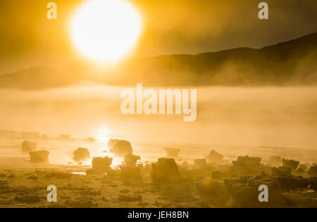 Die Sonne Scheint Durch Den Nebel Auf Niedriger Höhe, Der Im Winter In Warmes Licht Gegossen Wird, Entlang Des Turnagain Arms Und Des Seward Highway, ... Stockfoto