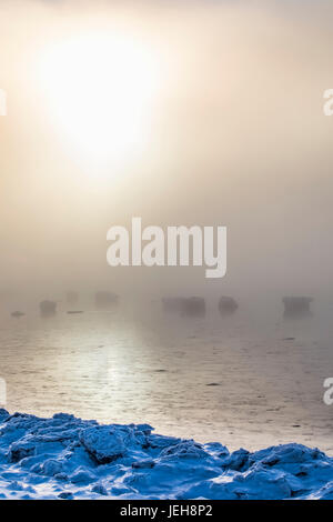 Die Sonne Scheint Durch Den Nebel Auf Niedriger Höhe, Der In Warmes Licht Gegossen Wird, Entlang Des Turnagain Arms Und Des Seward Highway, Das Meereis Bedeckt Den Ozean Im Vordergrund... Stockfoto