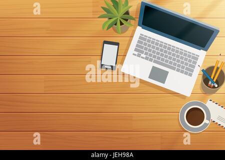 Ansicht von oben aus Holz Schreibtisch Morgen Stock Vektor