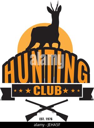 Jagd und Jäger Club Symbol Logo mit Hirsch und Pistole Stock Vektor