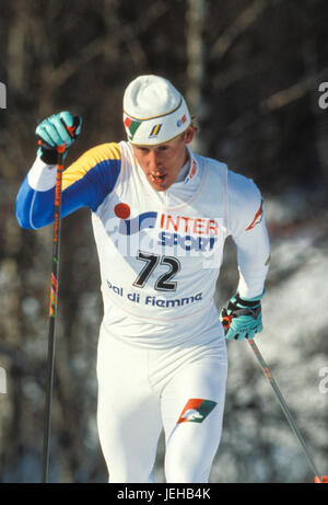 GUNDE SVAN schwedische Cross Country Skifahrer beim Weltcup in Val de Fiemme Italien 1991 gewann er insgesamt vier gold, einmal Silber und einmal Bronze bei den Olympischen Winter Stockfoto