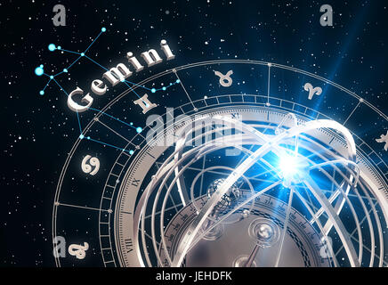 Tierkreis Zeichen Zwillinge und Armillarsphäre auf schwarzem Hintergrund Stockfoto