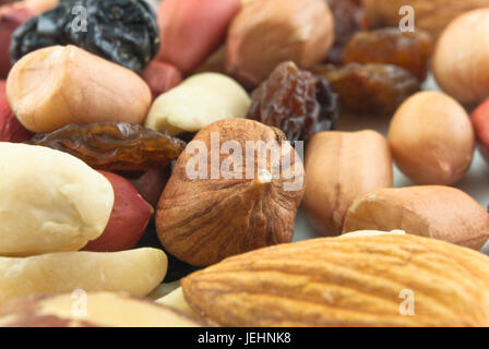 Nahaufnahme der gemischten geschälten Nüssen und Rosinen auf einem weißen Teller.  Umfasst, Haselnüsse, Erdnüsse, Mandeln und Rosinen. Stockfoto