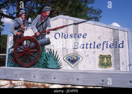 Ortseingangsschild, Olustee Schlachtfeld Historic State Park, Florida Stockfoto