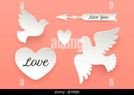 Satz Papierobjekte, Herz, Taube, Vogel, Pfeil = Stock Vektor
