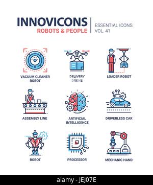 Roboter und Menschen - moderne Vektorlinie Design Icons einstellen. Staubsauger Roboter, Lieferung Drone, Lader, Fließband, künstliche Intelligenz, driverl Stock Vektor
