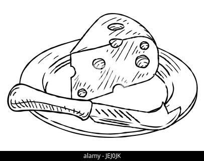 Käse schneiden und Messer auf einem Teller Hand Draw in einem Retro-Vintage Holzschnitt graviert oder geätzt Stil. Stockfoto