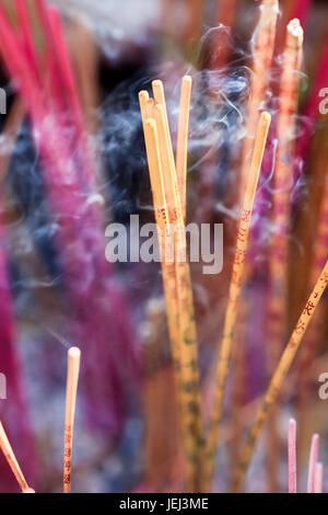Lila und gelb Räucherstäbchen brennen an einem Altar einen taoistischen Tempel, Peking, China Stockfoto