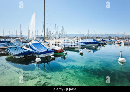 GENF BIS JUNI 25. Luxuriöse Boote und Yachten an einem sonnigen Tag in Genf, Schweiz, im See verankert. Stockfoto