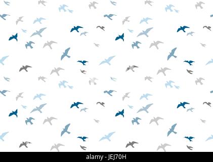 Möwen Silhouetten Musterdesign. Herde von fliegenden Vögel blau grau Halbton Silhouette. Möwe niedlichen Vogel Vektor für Geschenkpapier niedlich gemalt Stock Vektor