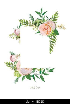 Vector Design vertikale Karte. Rosa zarten weichen französischen Rosen Blumen grüne Eukalyptus, Zweige, Blätter grün. Elegante süße Sommer Kopie Raum blan Stock Vektor