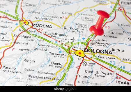 Die Stadt Bologna auf A Road Map Stockfoto