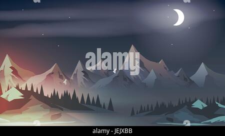 Sonnenuntergang mit Berggipfeln, Pinienwald und Mondaufgang - Vektor-Illustration Stock Vektor