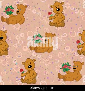 Nahtlose Muster, Teddybären und Geschenke Blumen Stock Vektor