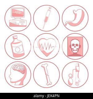 weißen Hintergrund mit roten Farbe Abschnitte der Silhouette Symbole Gesundheit Stock Vektor